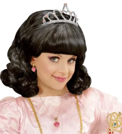 Sort Prinsesse Børne Paryk m/Sølv Tiara