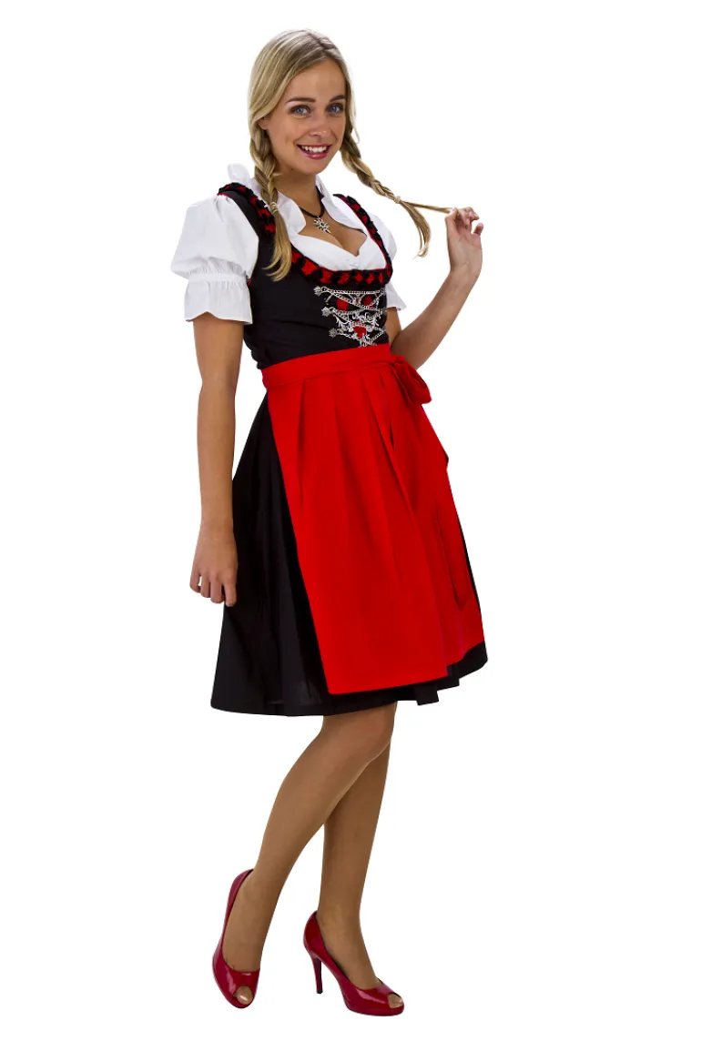 Sort & Rød Dirndl i 100% Bomuld, 3 dele