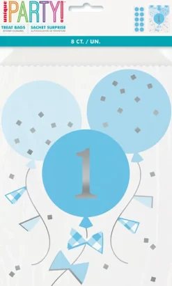 1st Birthday Lyseblå-Ternet Papirposer, 8 stk.