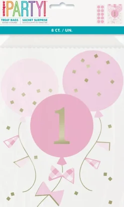 1st Birthday Lyserød-Ternet Papirposer, 8 stk.