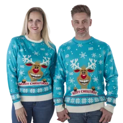 Turkis "Ho Ho Ho!" Julesweater m/Rensdyr Print