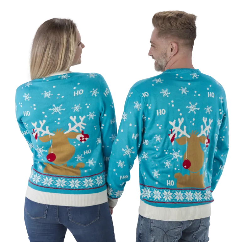 Turkis "Ho Ho Ho!" Julesweater m/Rensdyr Print