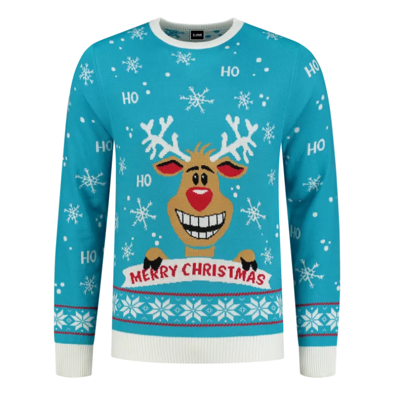 Turkis "Ho Ho Ho!" Julesweater m/Rensdyr Print