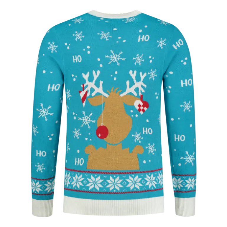 Turkis "Ho Ho Ho!" Julesweater m/Rensdyr Print