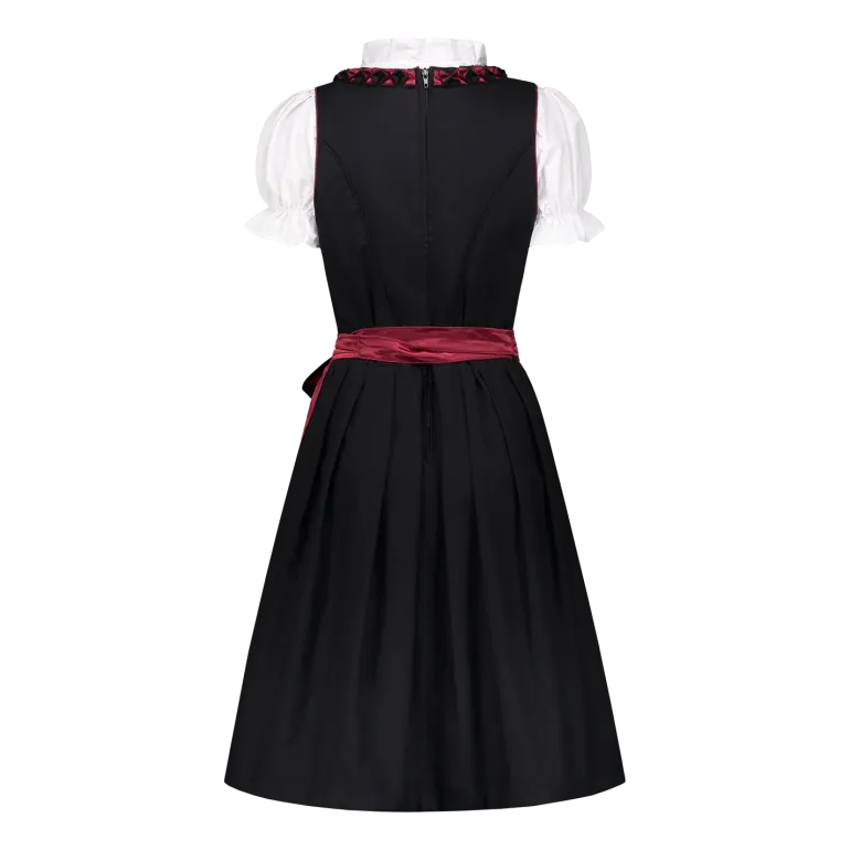 Vinrød Dirndl m/ Løs Skjorte i 100% Bomuld (3 dele)