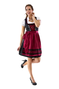 Vinrød Dirndl m/ Løs Skjorte i 100% Bomuld (3 dele)
